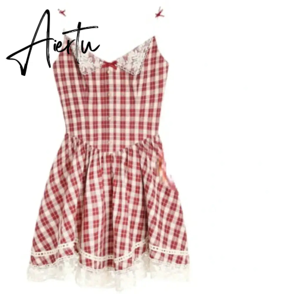 Aiertu Red Plaid France Vintage Dress Women  Bow Lace Kawaii Elegant Party Mini Dress Korean Sweet Beach Strap Dress Female Summer Aiertu