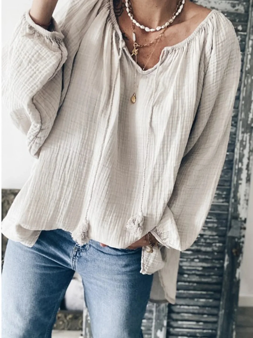 Light Gray Plain Cotton Long Sleeve V Neck Shirts & Tops