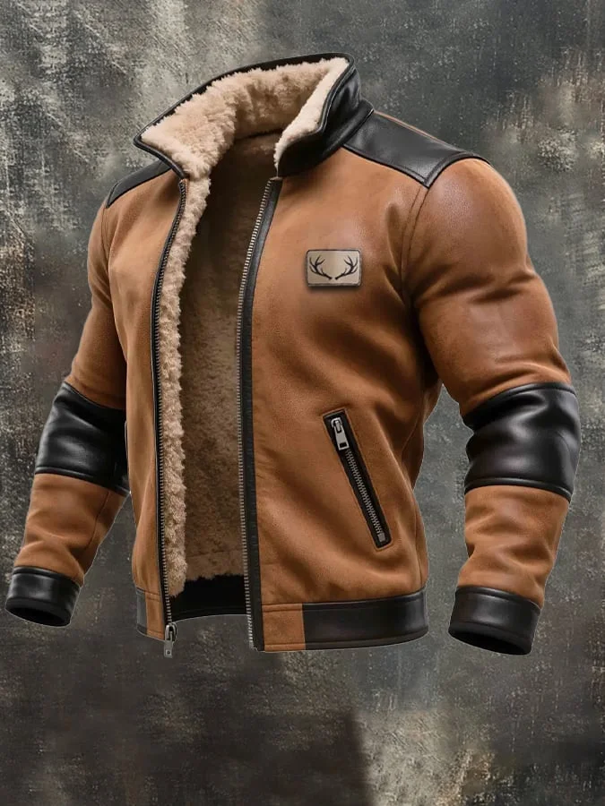 Warme Herren-Vintage-Jacke aus Wildleder und Leder mit Kapuze 