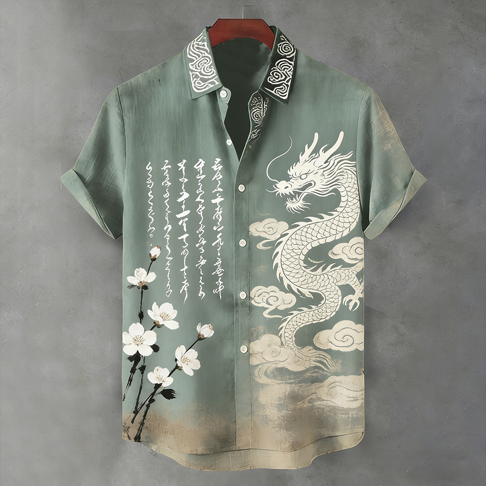 Vintage Japanese Art Dragon Pattern And Cherry Blossom Calligraphy Short Sleeve Shirt elevenforest