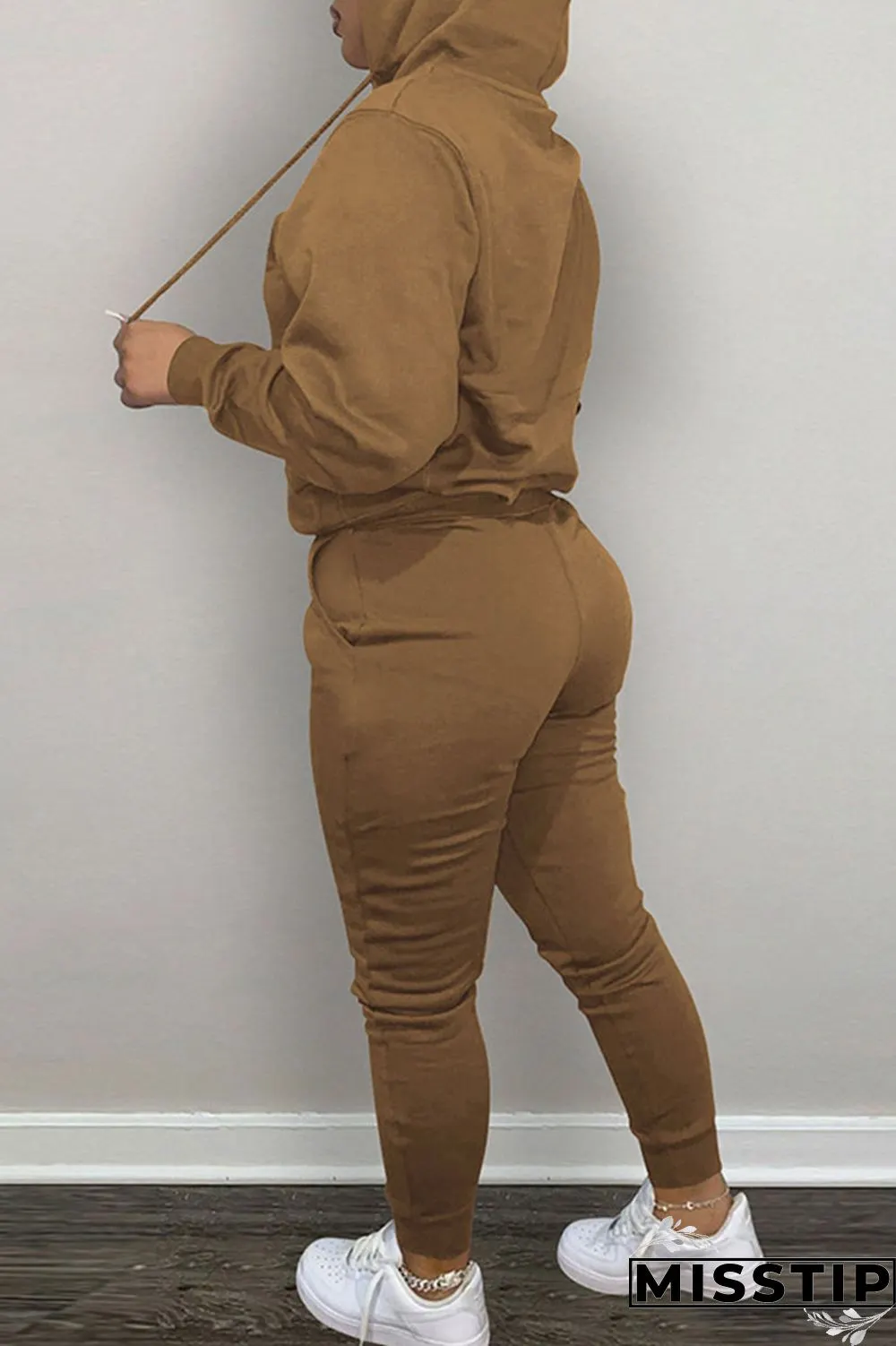 Brown Casual Solid Embroidered Patchwork Hooded Collar Long Sleeve Two Pieces