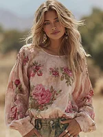 Women's Vintage Pink Rose Print  Linen Blend T-shirt