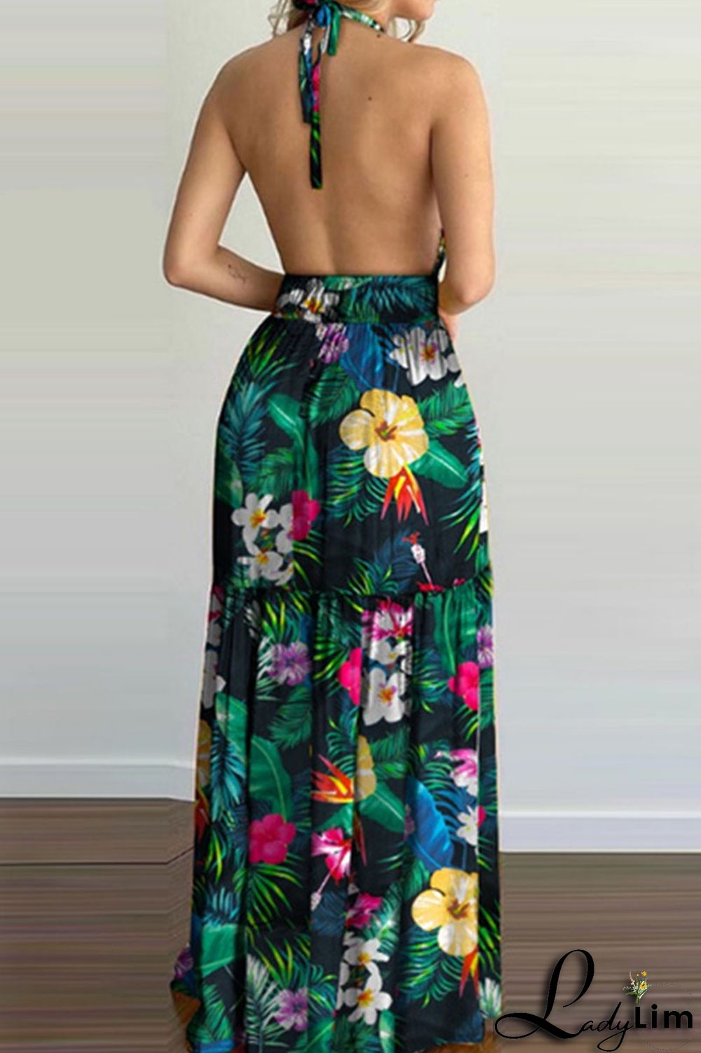 Yellow Sexy Print Split Joint Backless Halter Straight Dresses