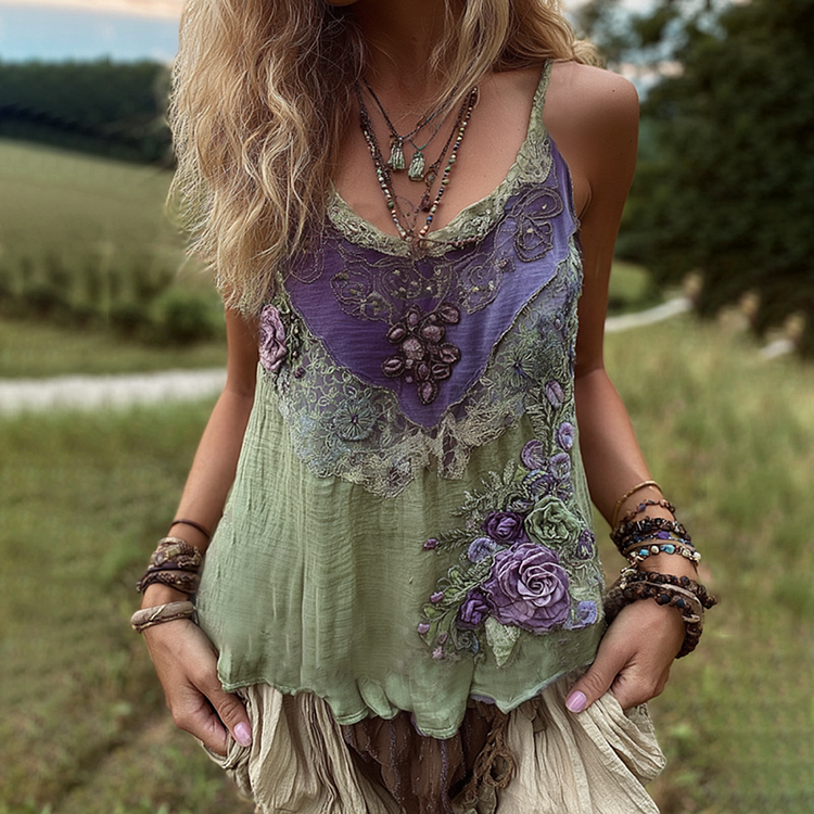 Vintage Purple Lavender And Floral Embroidered Linen V-neck Camisole