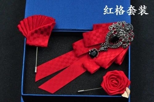 High-quality Fashion Handmade Red Diamond Bow Tie Wedding Collar Bowtie Brooch Pocket Towel Square Set Gifts for Men Accessories