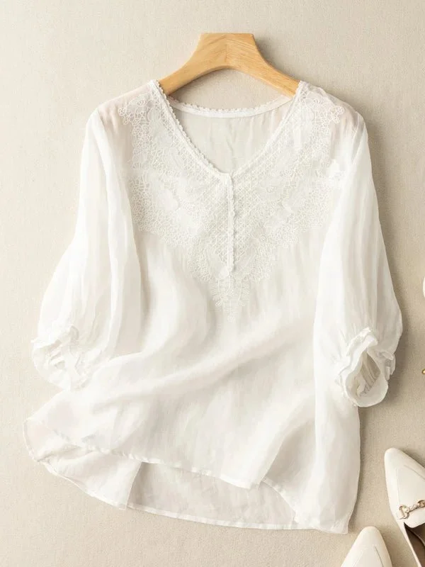 Embroidered V Neck Half Sleeve Casual Linen Top