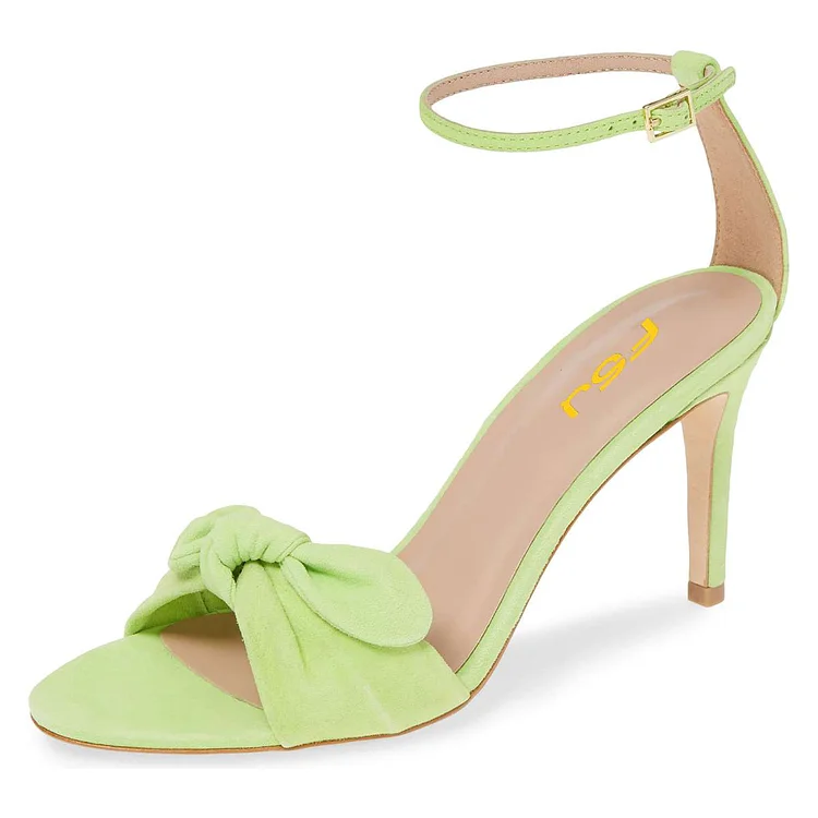 Green Vegan Suede Knotted Ankle Strap Heels Sandals |FSJ Shoes