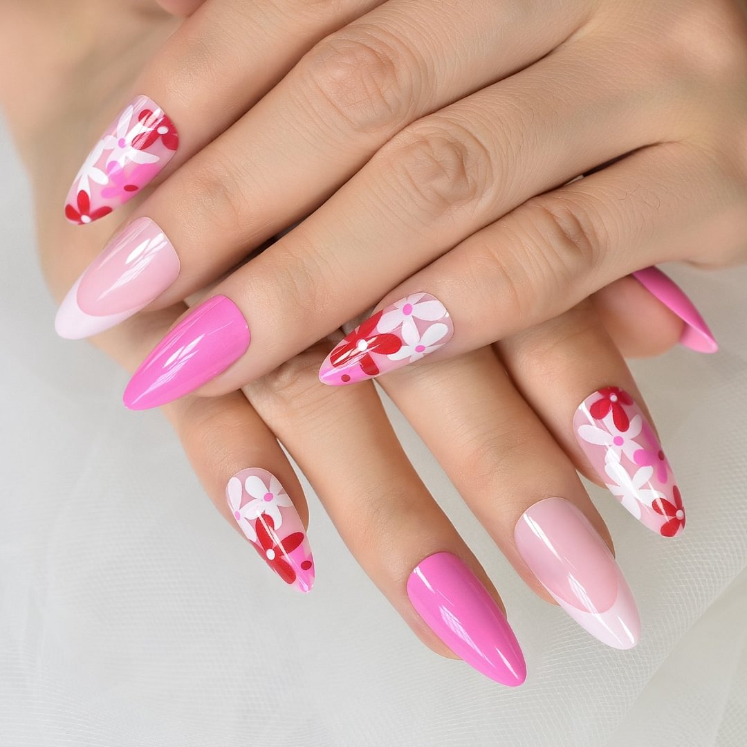 Flower Parttern Medium Almond Franch Top Pink Base Uv Gel Full Cover Fingernails Press On Nail Tips Fake Nails Art Daily Wear