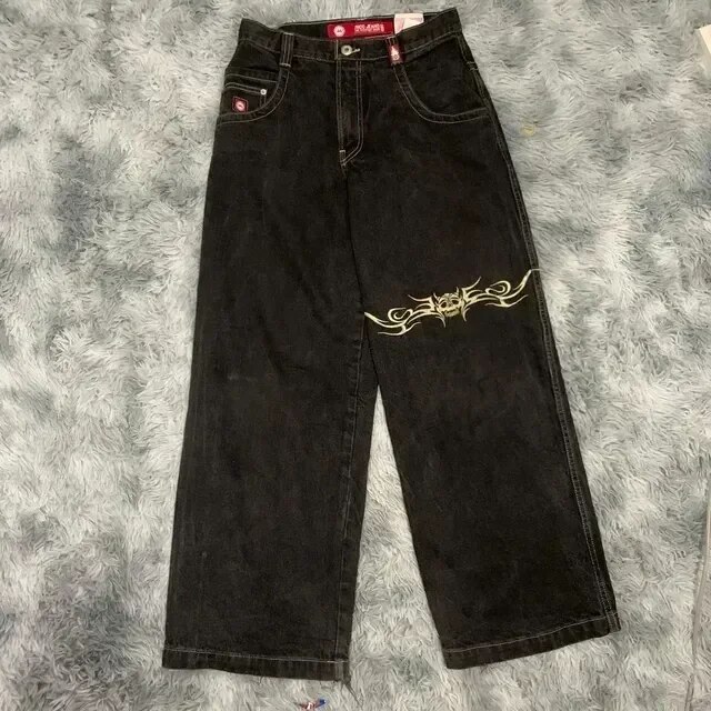 Spontork Retro Skull Graphic Embroidered JNCO Jeans New Harajuku Hip Hop Baggy Jeans Denim  Pants Men Women Goth High Waist Wide Trousers Pants