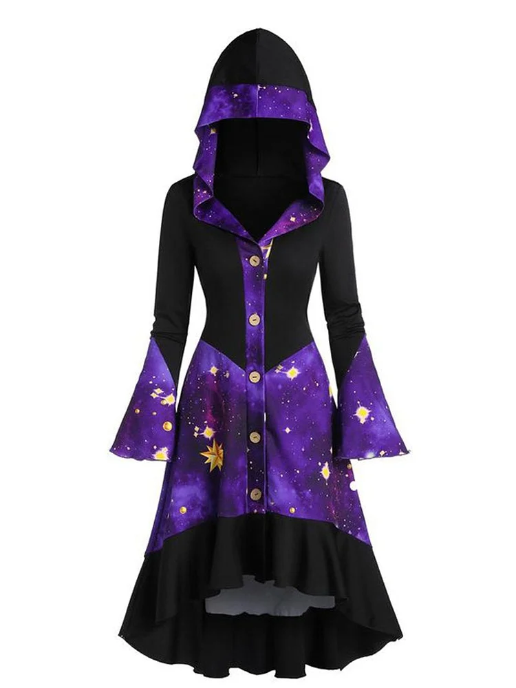 Magic witch hooded trumpet sleeve button dress magic cloak