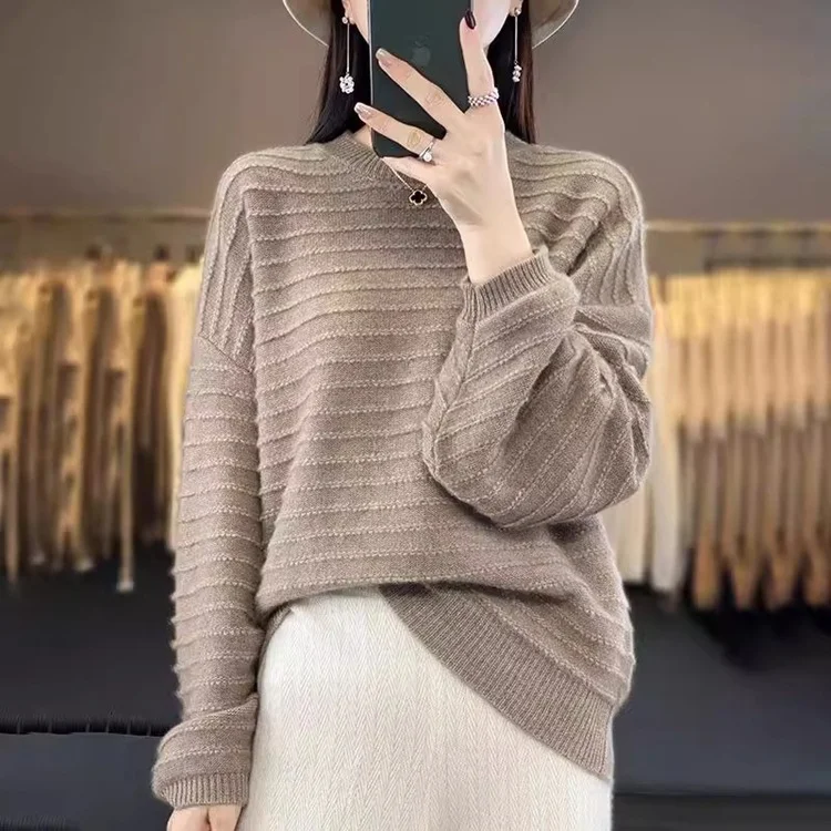 Athvotar Athvotar Women's Round Collar Full Body Hook Line Showing Thin Thick Sweater Loose Leisure Autumn And Winter New Knitted Shirt Comfortable Outerwear