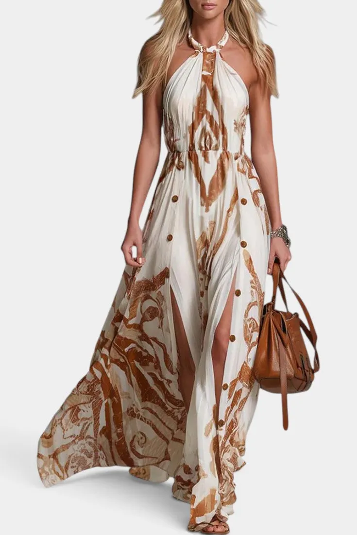 Halter Neck Maxi Dress with Baroque Print and Side Slits
