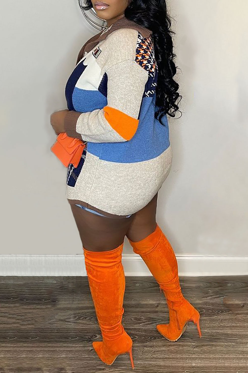 Plus Size Daily Sweaters Multicolor Fall Winter V Neck Long Sleeve Contrast Crochet Sweaters