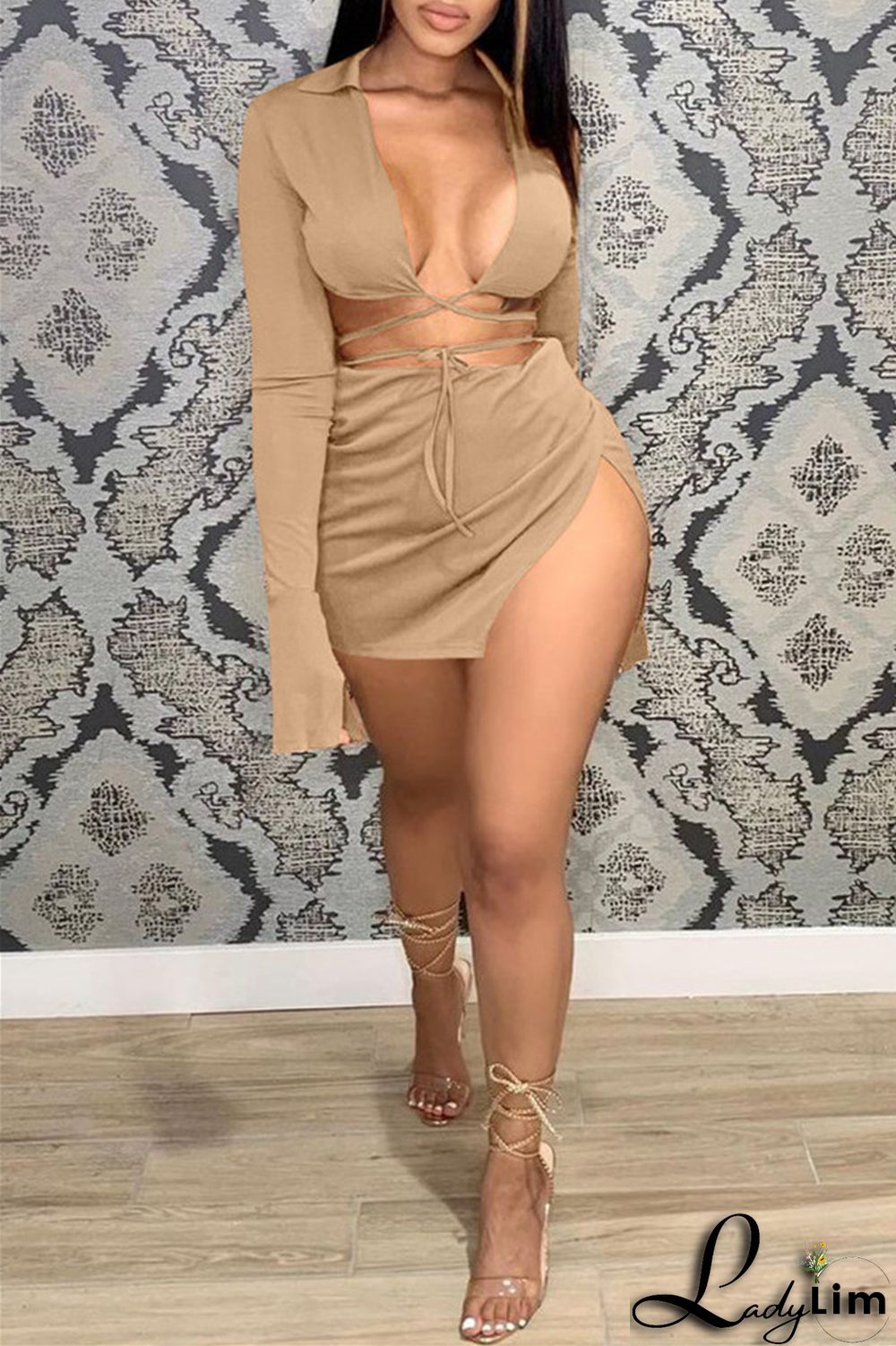Yellow Fashion Sexy Solid Bandage Slit V Neck Long Sleeve Two Pieces