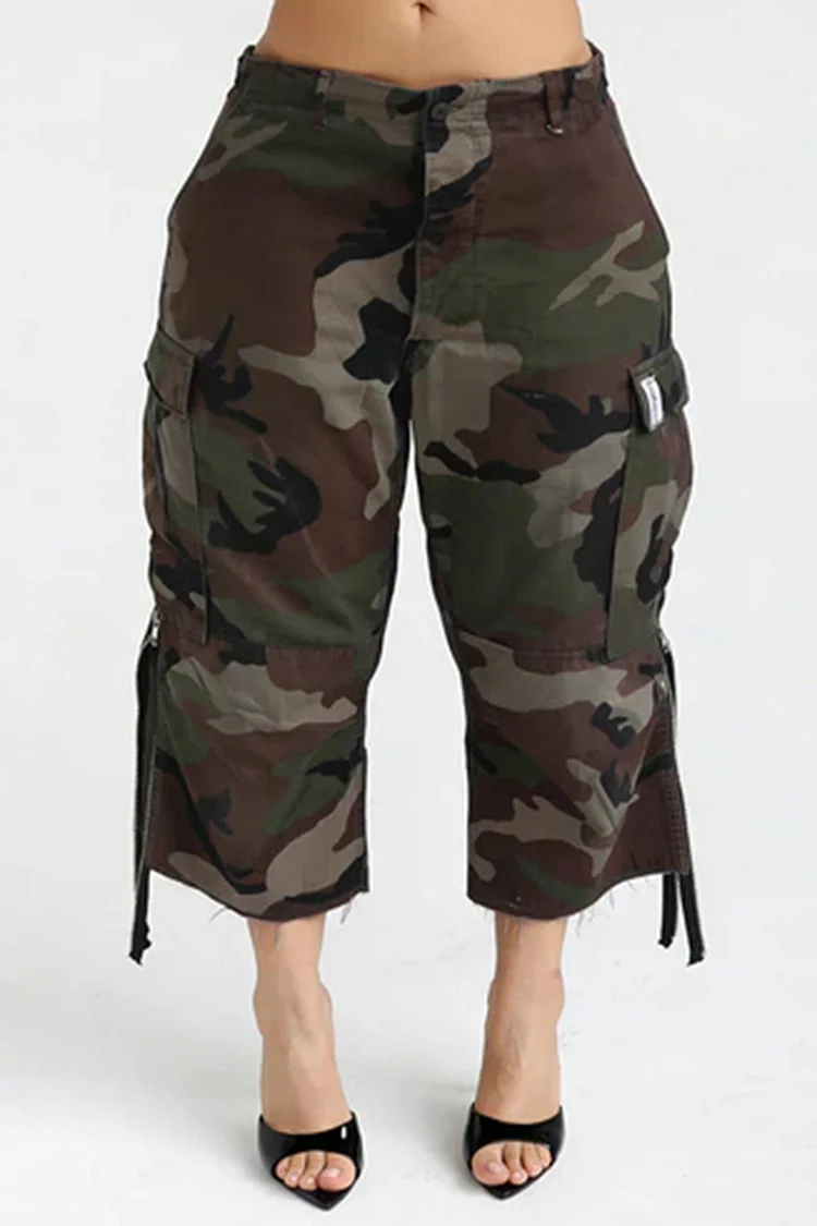 Plus Size Business Casual Casual Army Green Camo Cargo Pocket Capri Pants [Pre-Order] 2024 - Xpluswear