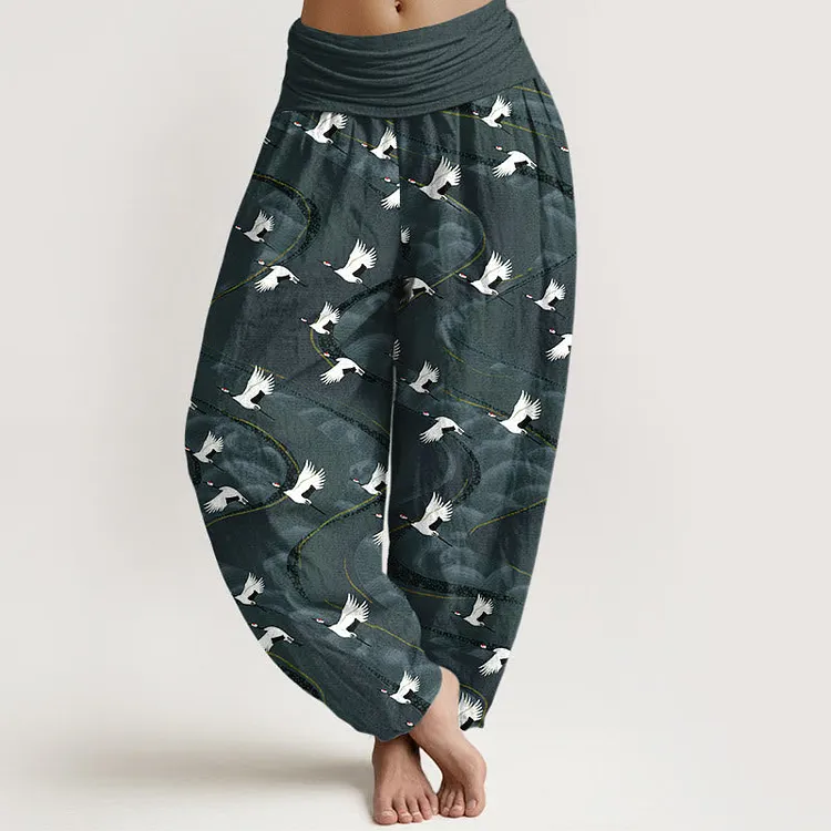 Cotton Elegant Cranes Winding Lines Pattern Women's Elastic Waist Harem Pants
