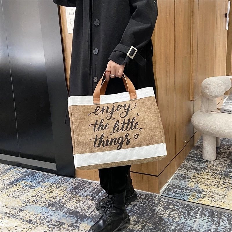 Women’s Large Cotton And Linen Letter Basic Classic Style Square Open Tote Bag