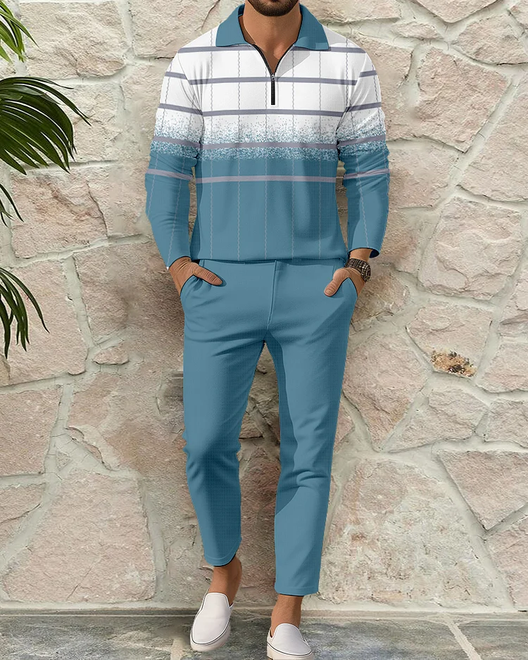 Men's Casual Colorblock Personalized Long Sleeve Polo Shirt Set 155