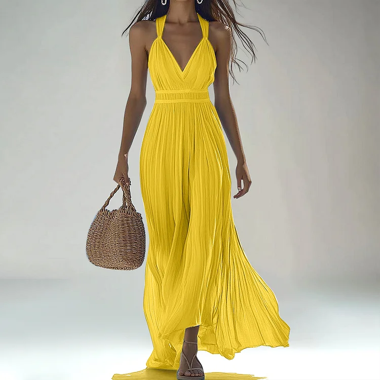 Casual V Neck Pleated Chiffon Sleeveless Maxi Dress