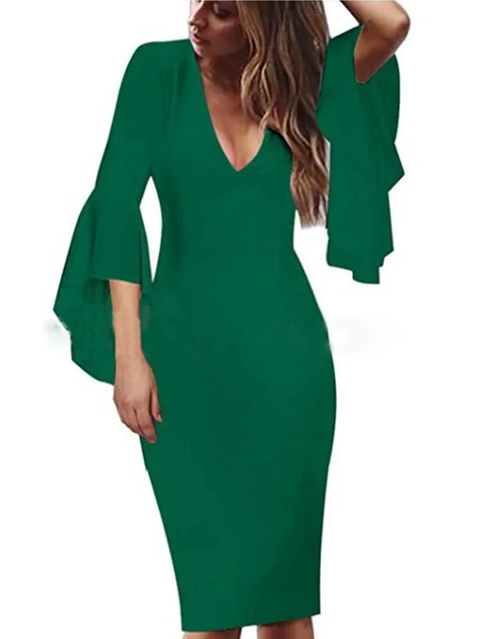 Deep V Bell Sleeve Sexy Dress
