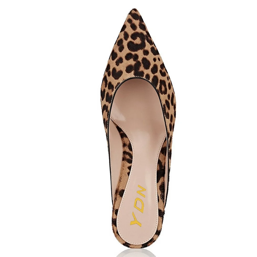Brown Leopard Faux Suede Pointed Kitten Heel Backless Pumps   