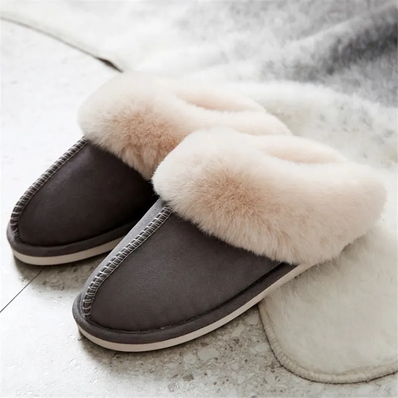 JIANBUDAN Plush warm Home flat slippers Flock soft comfortable winter slippers Men's Women's cotton shoes Indoor plush slippers