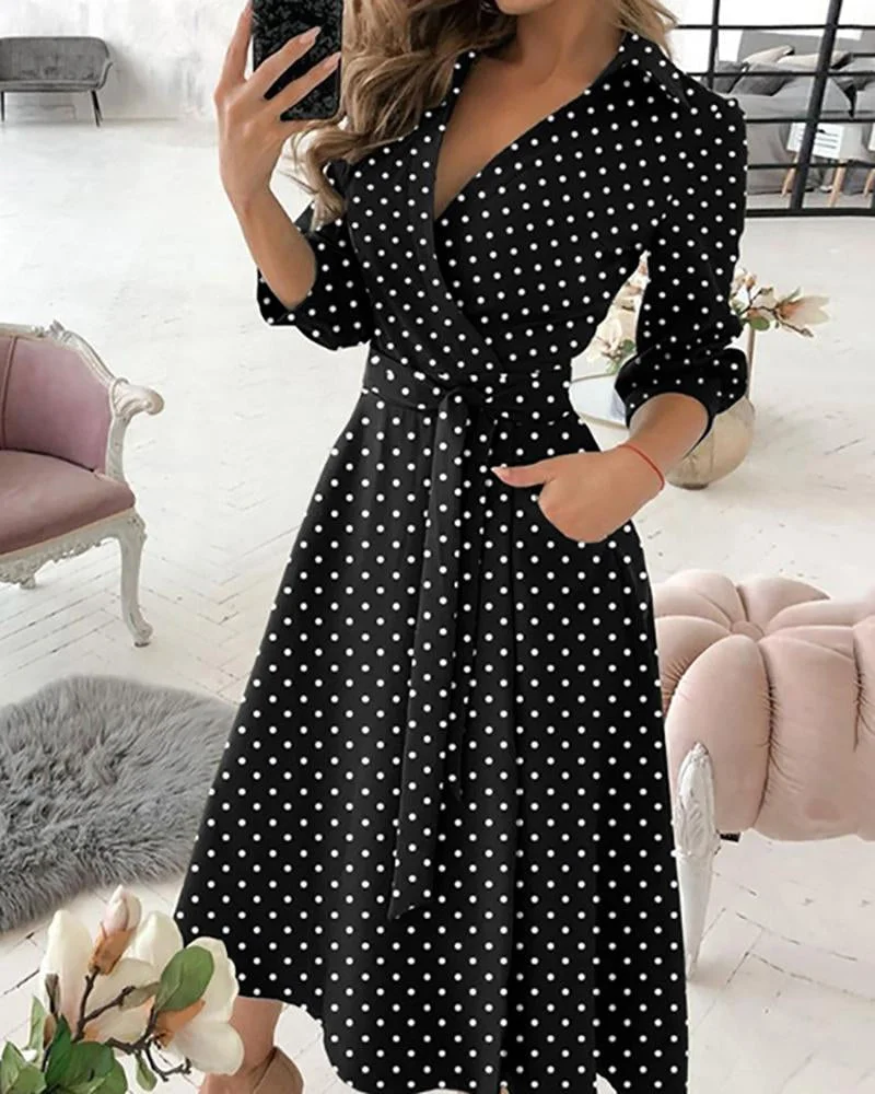 Stylish V-neck polka-dot print dress