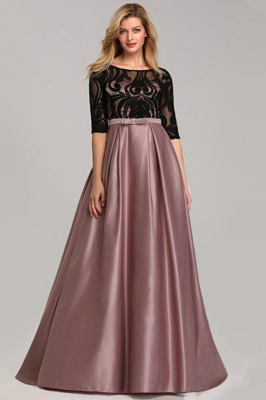 Contrast Color Half Sleeve Lace Long Evening Gowns - lulusllly
