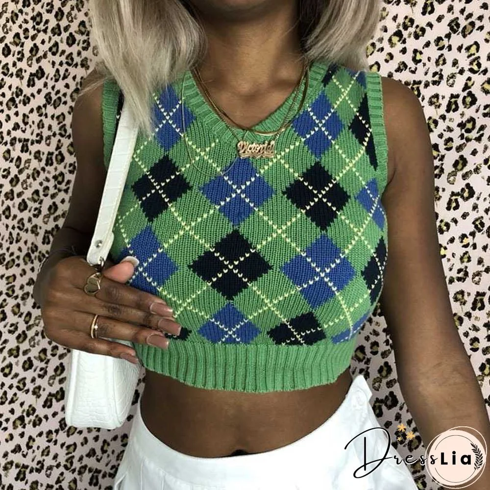 Checkered Cropped Knitted Tank Argyle Sleeveless Jumper