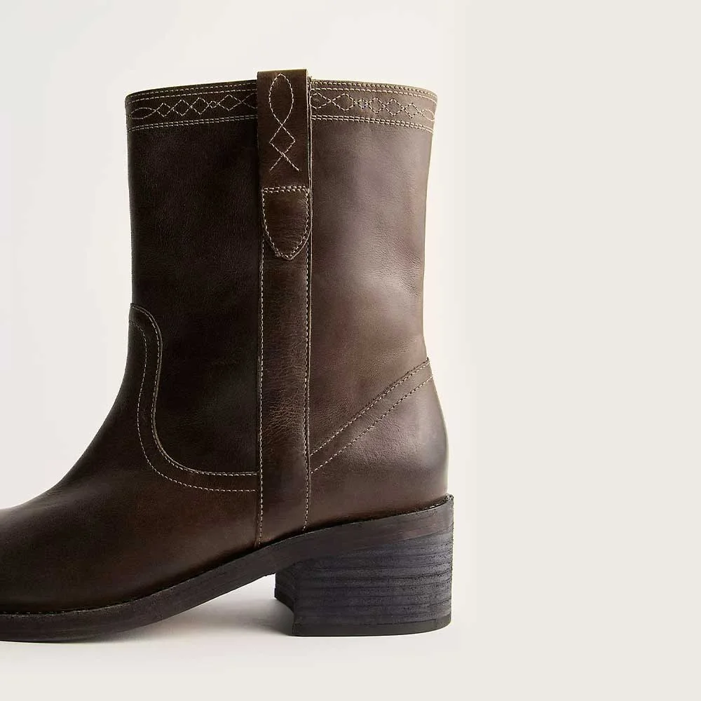 Chocolate Brown Block Heel Square Toe Ankle Boots for Women