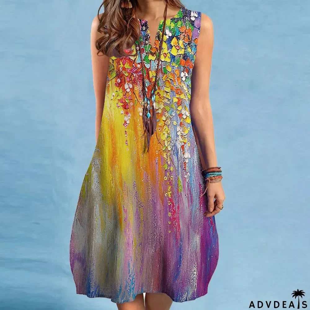 Fashion Vintage Print V Neck Multicolor Sexy Sleeveless Casual Dress