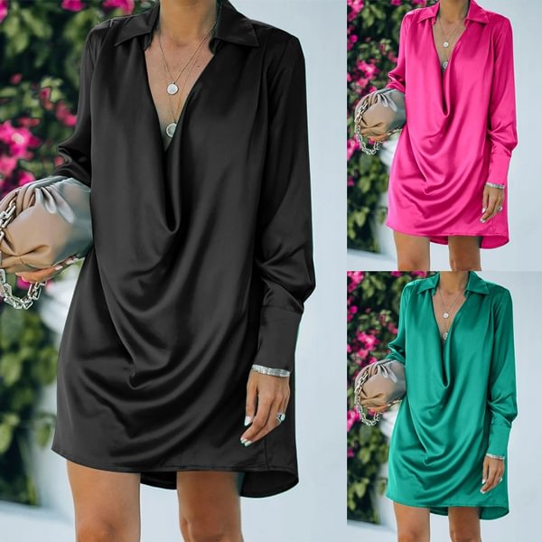 Women Long Sleeved Mini Dress Lapel Cowlneck Party Casual Loose Shirt Dress Plus Size Clothes - Shop Trendy Women's Clothing | LoverChic