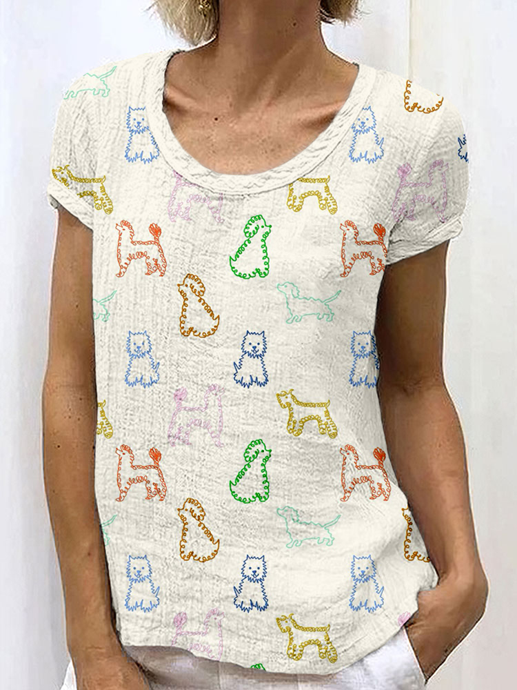 Cute Colorful Dogs Pattern Cozy Linen T Shirt wearshes