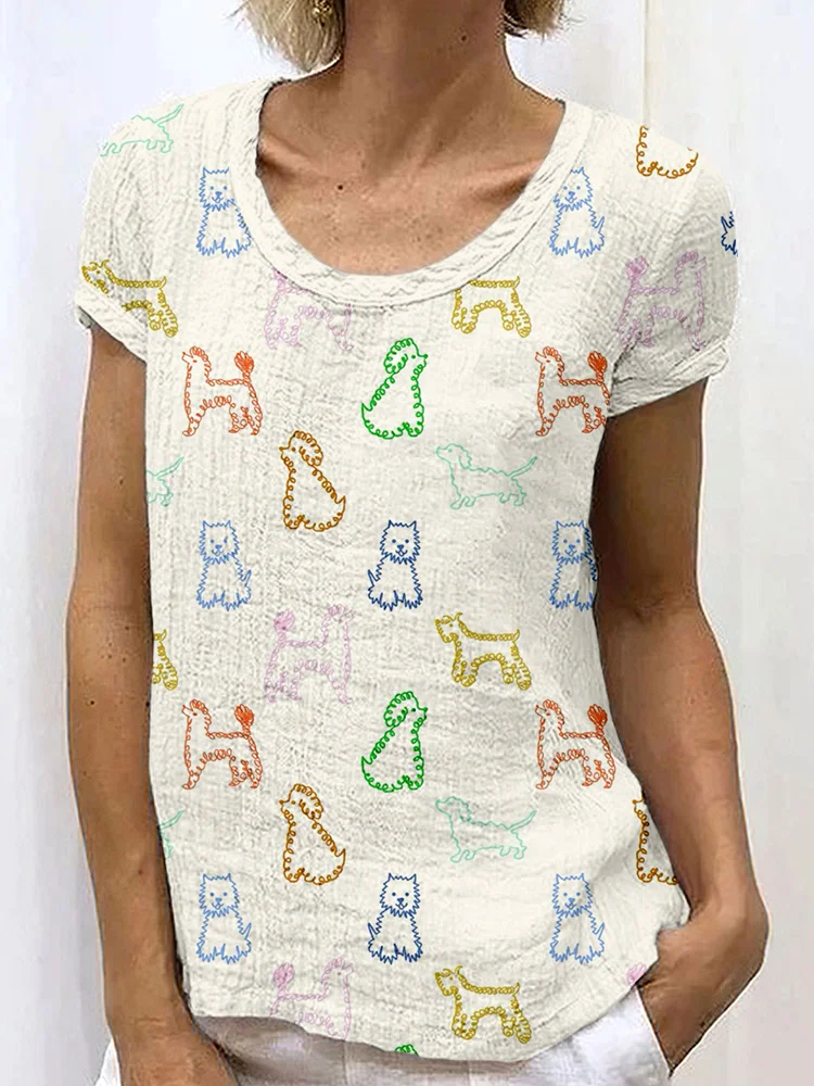 Simpfit Süßes buntes Hundemuster, gemütliches Nachahmung aus Baumwolle und Leinen-T-Shirt