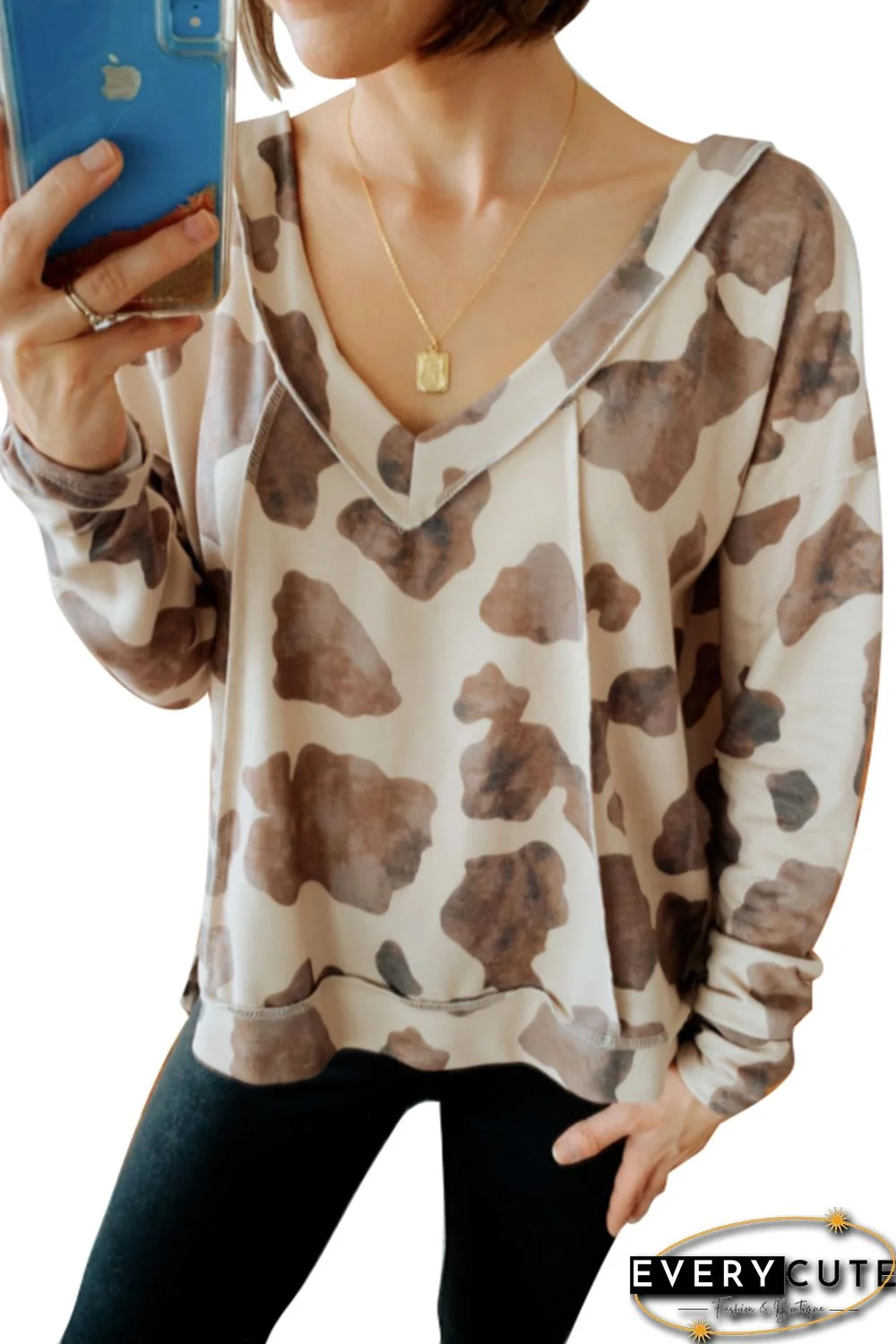 Brown V Neck Animal Print Long Sleeve Top