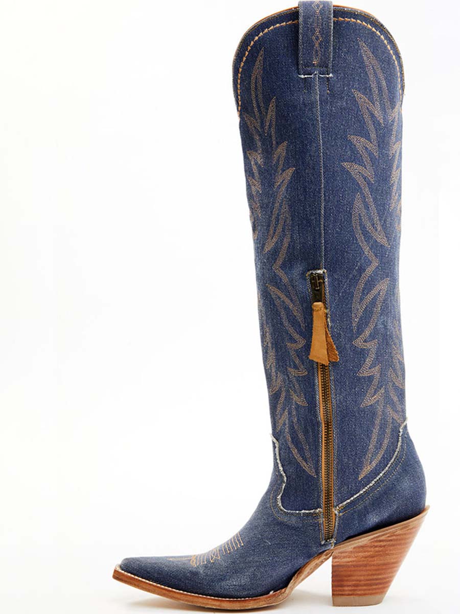 Blue Denim Snip Toe Embroidered Knee Cowgirl Boots with Chunky Heels