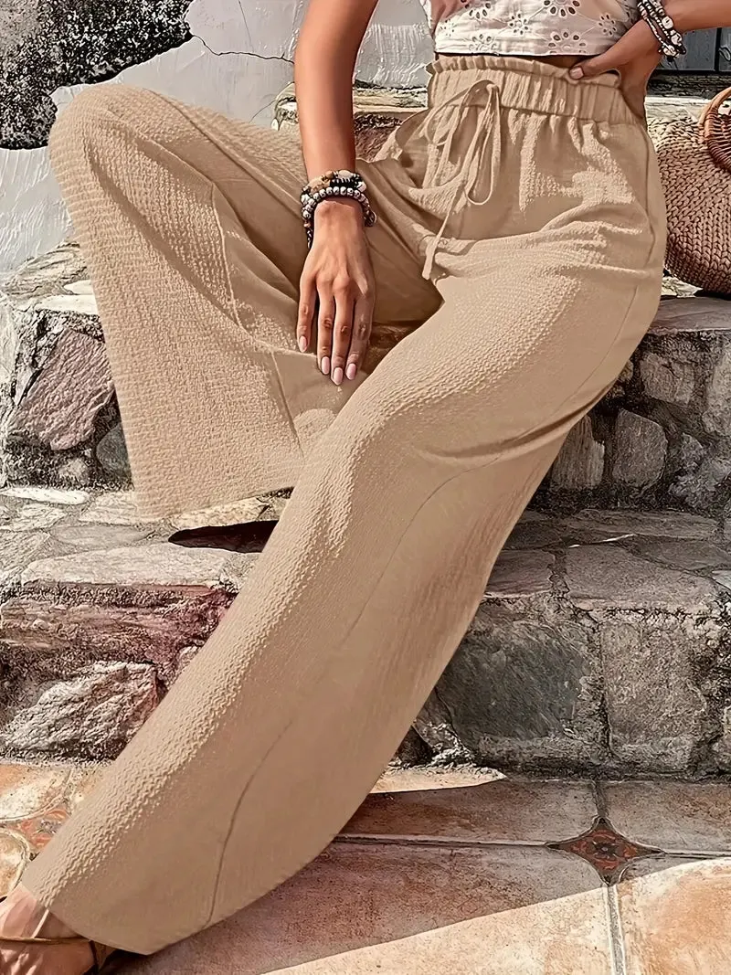 Brownm Color Casual Drawstring High Waist Pants