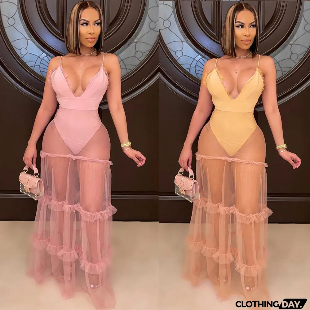 V-neck Solid Color Suspender Dress With Mesh Stitching Wood Ears