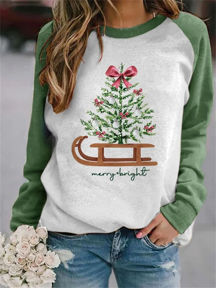 Wearshes Merry Bright Christmas Sleigh Tree Print Sweatshirt