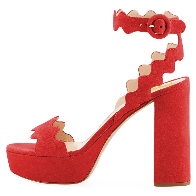 Red Vegan Suede Curve Ankle Strap Platform Chunky Heel Sandals |FSJ Shoes