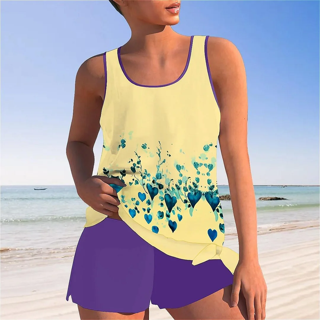Bowknot Blue,Yellow,Floral Mid Waisted Tankini Set - Plus Size Available