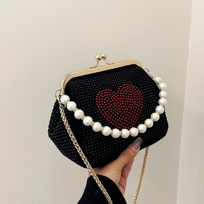 Women’s Pu Leather Heart Shape Streetwear Pearls Shell Lock Clasp Shoulder Bag Crossbody Bag