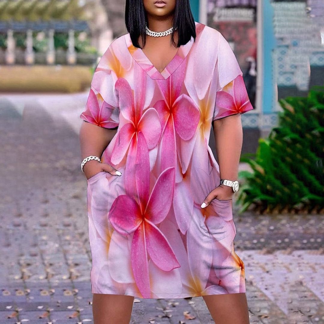 Flowers Print Plus Size V Neck Mid Sleeve Dress
