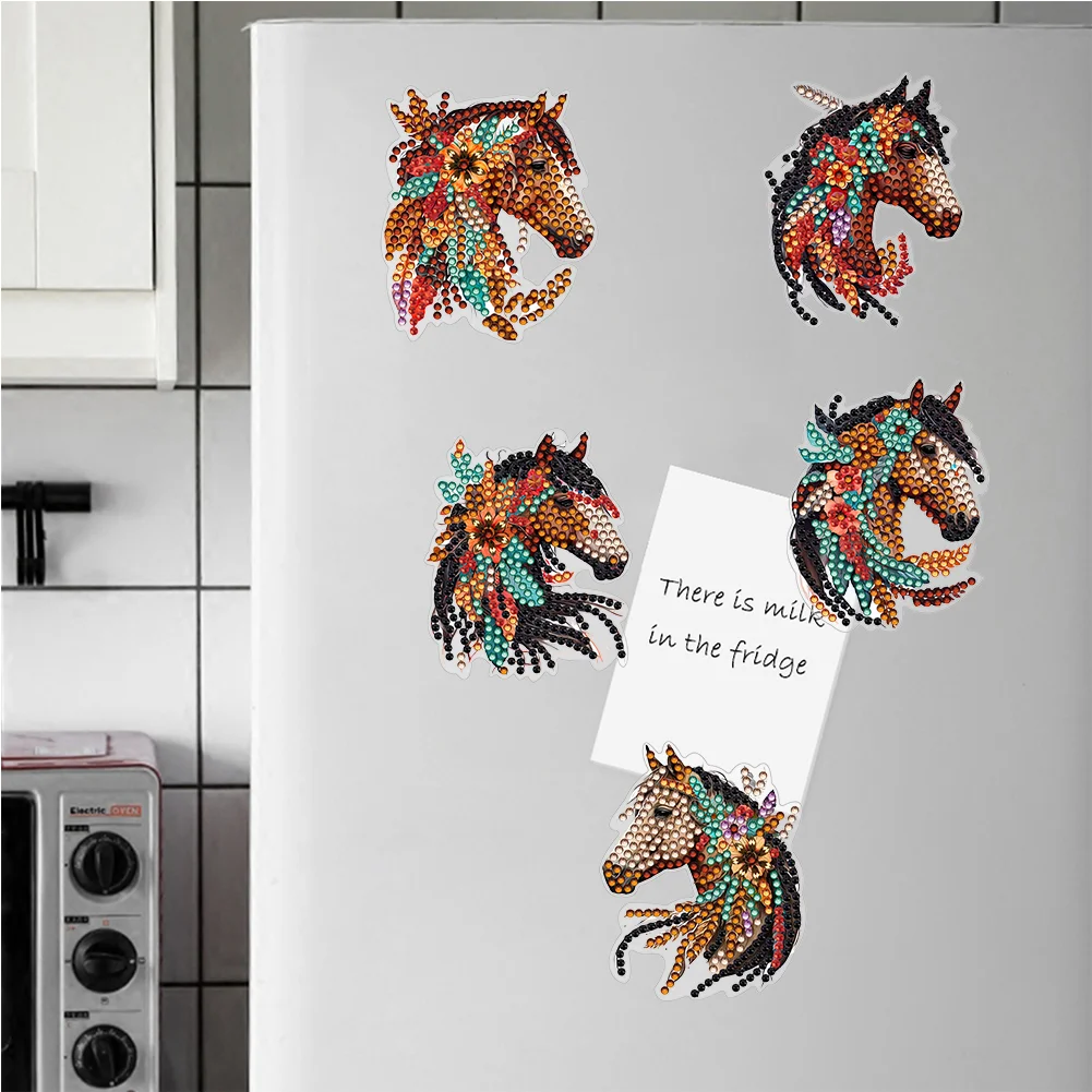  6 Pcs Long Haired Horse Diamond Painting Cartoon Fridge Magnetic Stickers