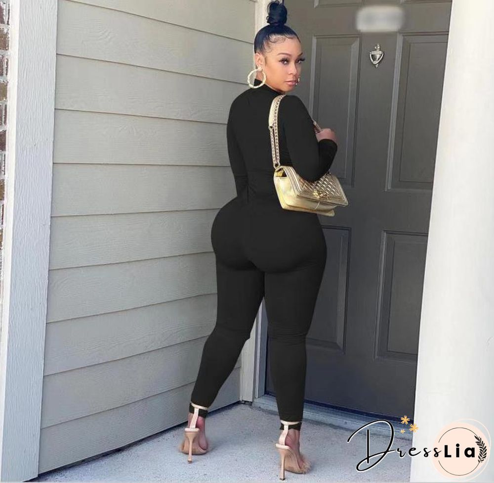 Hollow Out Cross Chain Lace Up Long Sleeve Jumpsuit