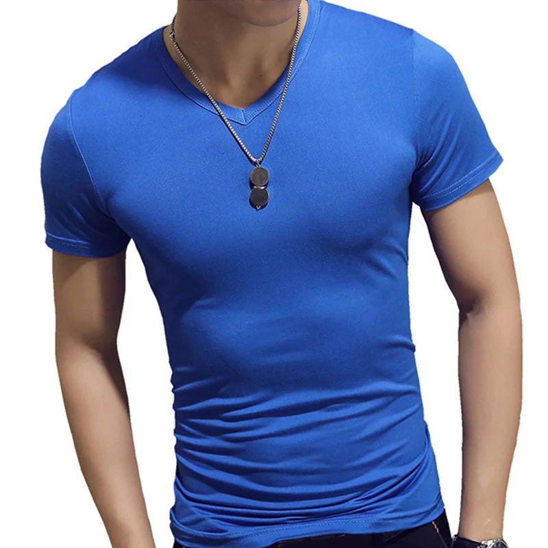 Aonga Men T Shirt Fashion Fitness V Neck Short Sleeve T-Shirt Summer Casual Gym Solid Color Tops Plus Size Slim Polyester T-Shirts