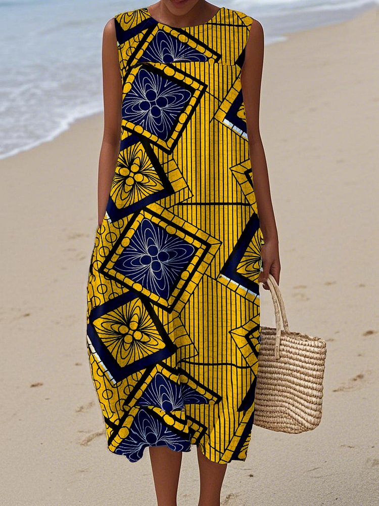 Women's   geometric figure Print Cotton and Linen Dress