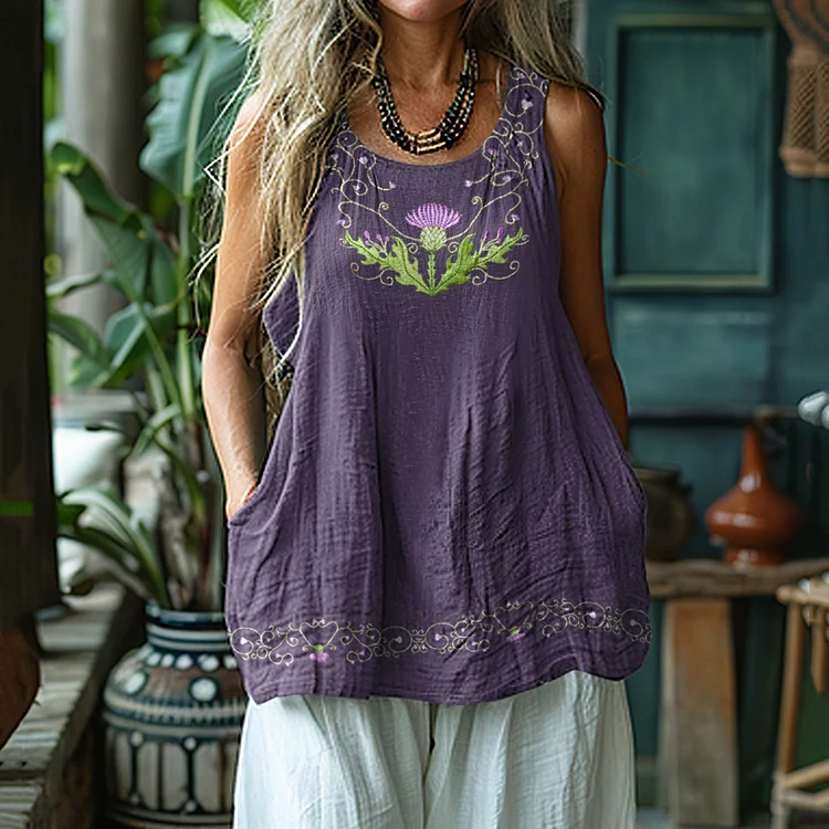 Women's Scottish Thistle Embroidery Print Linen Blend Tank Top