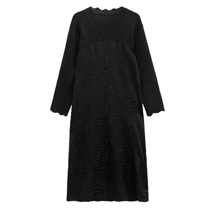 Elegant V-neck Knitted Long Sleeve Patchwork Texture Dress  