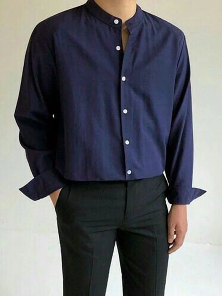 Aonga - Mens Stand Collar Button Long-sleeved ShirtsG